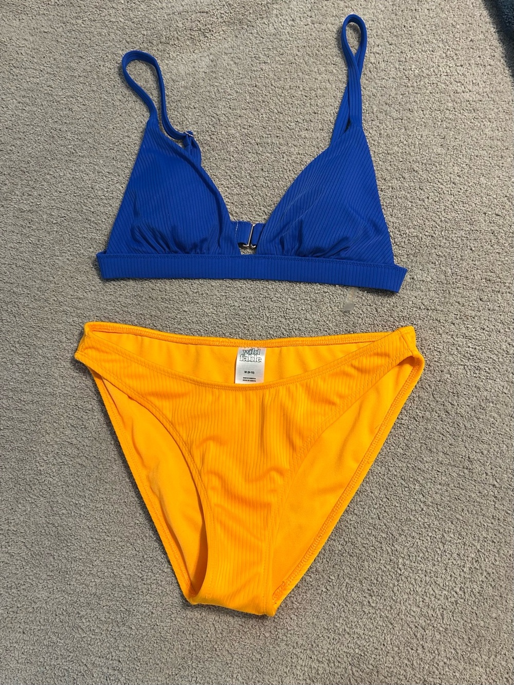 wild fable Blue Triangle Bikini Top with Yellow Ribbed Bottoms